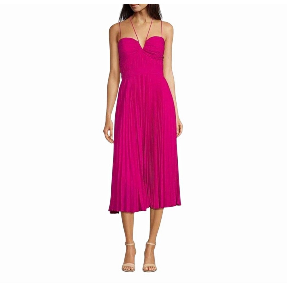 Alex Marie Hot Pink Pleated Sweetheart Strappy Tie Back Midi Dress Womens 12